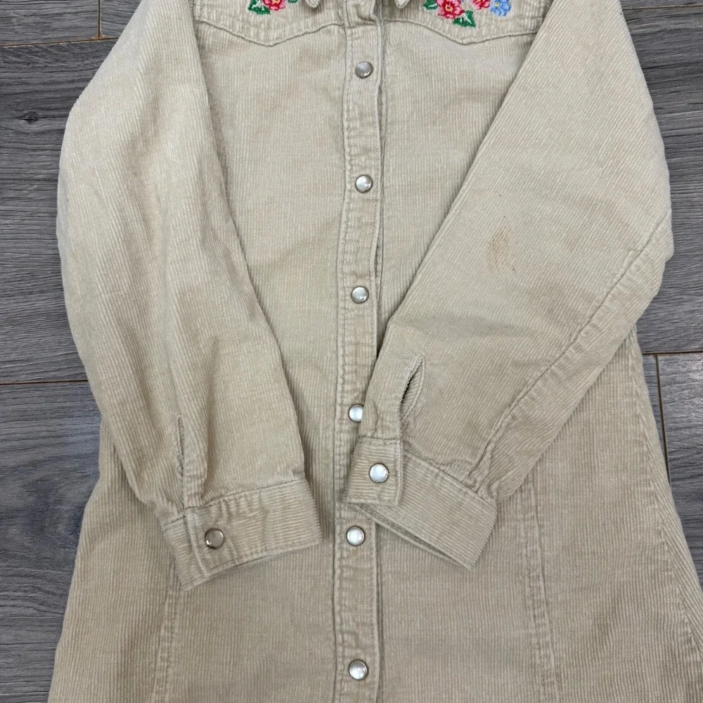 OshKosh Pearl Snap Floral Embroidered Beige Corduroy Dress Girls Size 4‎ Y2K